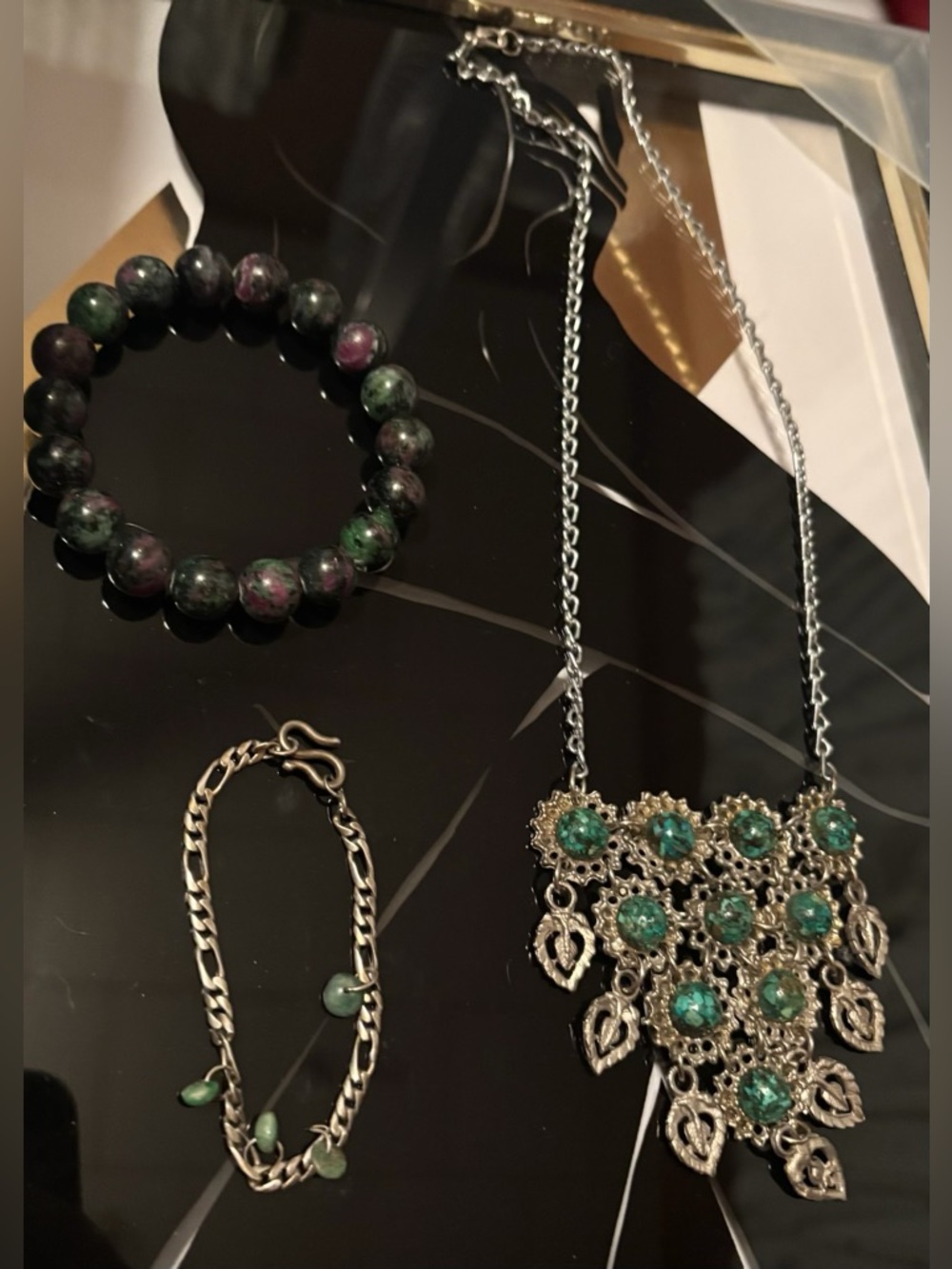 Vintage Bib Necklace with Green Stones, Matching Bracelet, & Ruby Bracelet #335